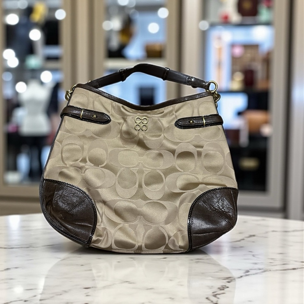 Coach Peyton Signature Sateen Hobo Handbag Beige/Brown